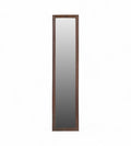 A tall, vertical, vintage teak wooden mirror with a narrow frame, showing the natural grain and color of the wood.