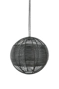 Black woven spherical pendant light with chain on a white background