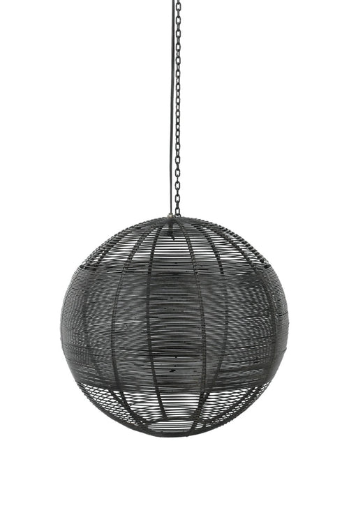 Black woven spherical pendant light with chain on a white background