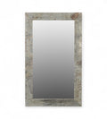 A rectangular mirror with a frame made from reclaimed wood and raw iron, featuring a vintage design with rivet detailing.