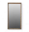 A rectangular mirror with a recycled wood frame featuring shades of green and brown.