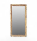 A vintage teak wood mirror with a faded yellow wash finish.