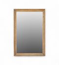 A rectangular vintage teak wood mirror with visible grain and a golden tone.