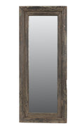 A rectangular vintage teak wood mirror with a weathered appearance and hints of brown, green, and yellow.