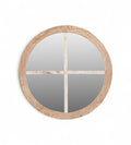 A round teak wood mirror with a white cross detail that divides the mirror into four quadrants. The wood has a natural grain and the knots and markings are clearly visible.