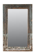 Rectangular mirror with a rustic wooden frame on a white background