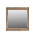 A square-shaped vintage teak wooden mirror with a distressed finish, featuring traces of green, blue, and yellow.