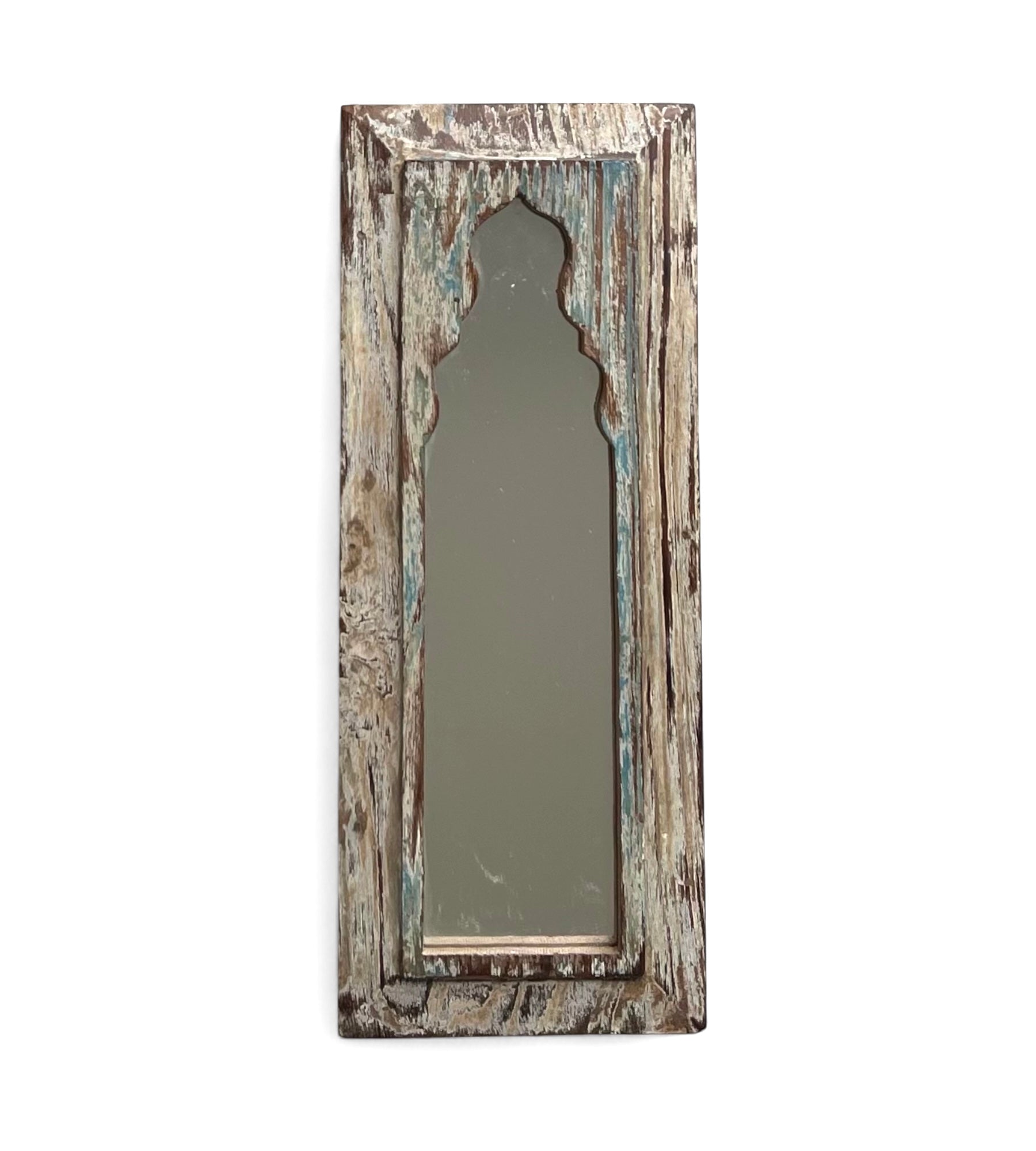 Wooden mirror with rustic frame on a white background