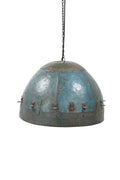 Vintage-style pendant light with blue and gray metallic finish on a white background