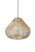 Woven rattan pendant light on a white background