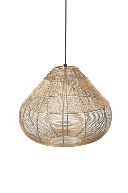 Woven rattan pendant light on a white background