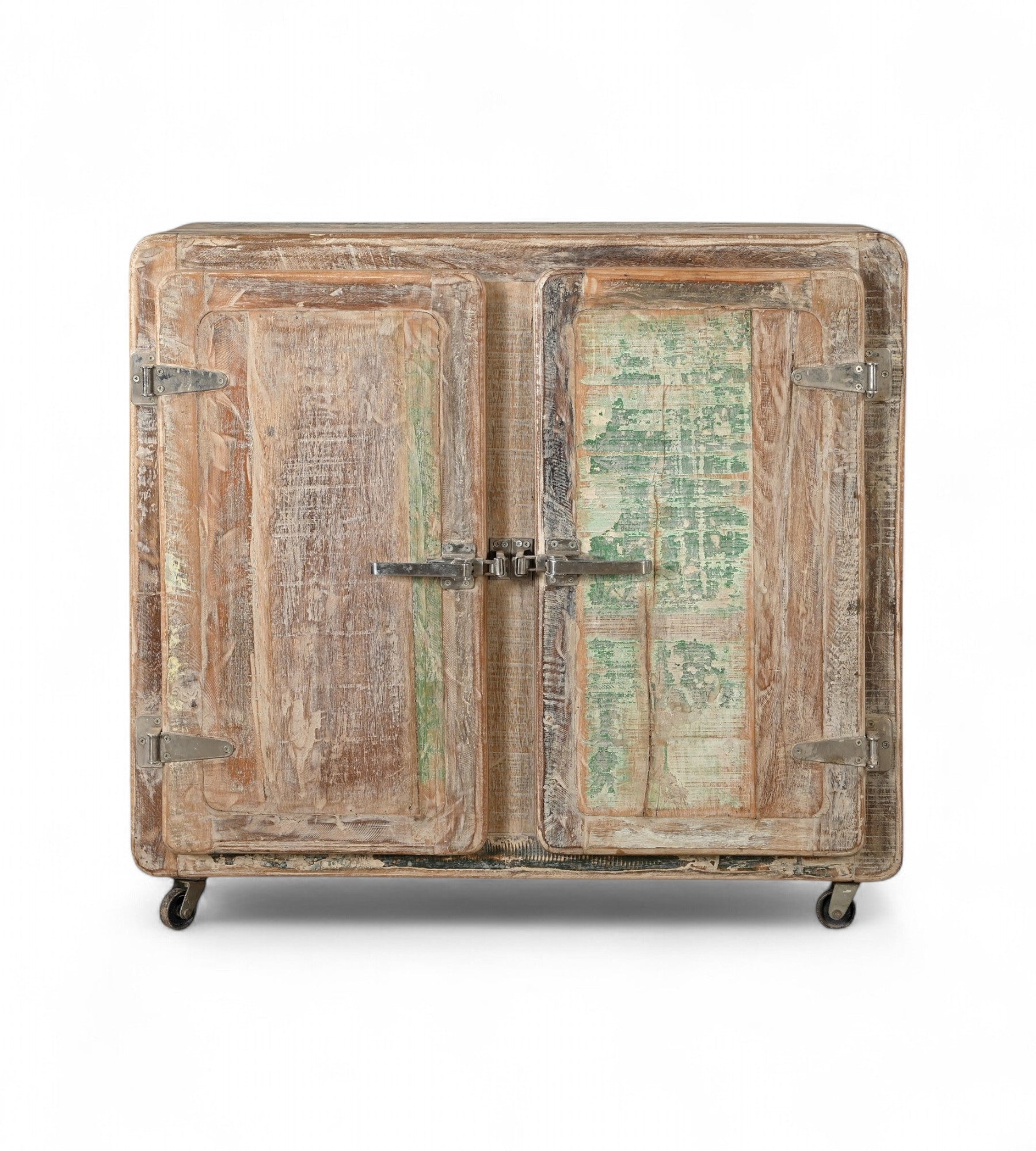 Vintage Indian reclaimed wood side cabinet with iron latches and wheels, featuring a faded multi-coloured patina.