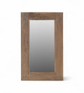 A rectangular vintage teak wood mirror with a wide frame showcasing the wood's natural patina and grain.