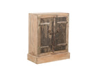 Vintage teak rustic wood cabinet with recycled iron handles and latches, featuring a contrasting natural soft finish and dark teak wooden doors