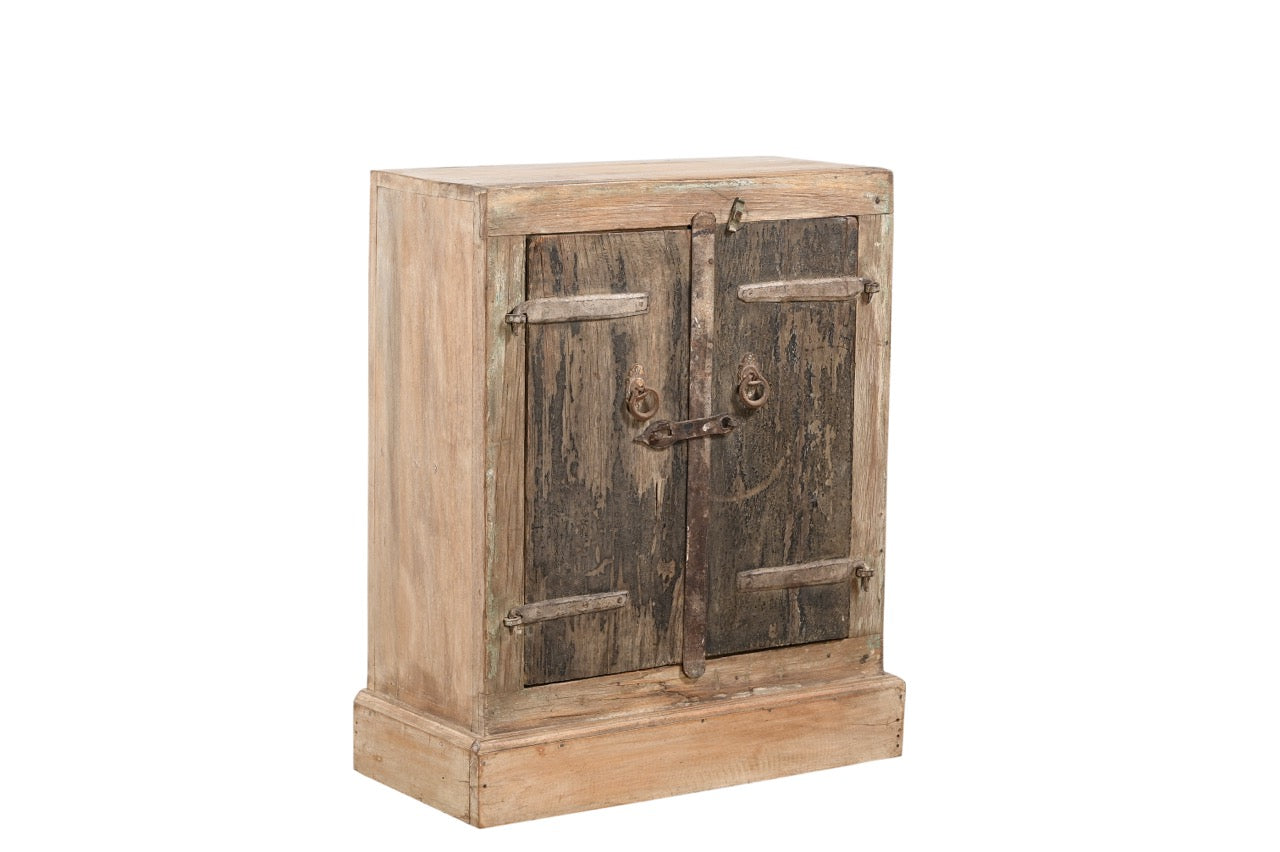 Vintage teak rustic wood cabinet with recycled iron handles and latches, featuring a contrasting natural soft finish and dark teak wooden doors