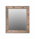 A vintage teak wood square mirror with visible natural patina and tool marks.