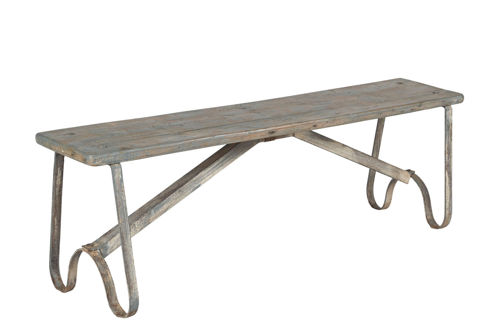 Long wooden bench with metal legs on a white background