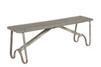 Long wooden bench with metal legs on a white background