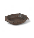 A vintage teak wood bowl with angular silhouette and carved handles, isolated on a white background.
