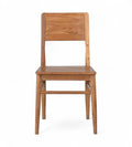 A vintage teak wood chair with a full backrest and tapered legs.