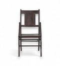 A vintage teak wood chair with a deep rich dark brown finish, featuring a gently curved backrest and seat.