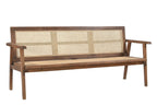 Wooden bench with wicker backrest on a white background