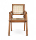 A vintage teak wood armchair with hand woven rattan seat and backrest, featuring angular legs and a clean design.