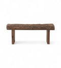 A vintage teak wood bench with a natural, raw finish and visible wood grain and knots.
