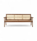 A vintage Indian bench with a solid teak frame and handwoven natural rattan seat and backrest.
