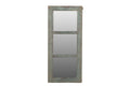 Wooden-framed mirror with a rustic finish on a white background