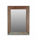 A rectangular vintage teak wood mirror with visible signs of wear and old paint in green and turquoise, intended for modern living spaces.